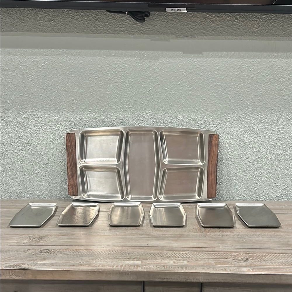 Lifetime Brand Stainless Steel and Wood Serving Tray Set